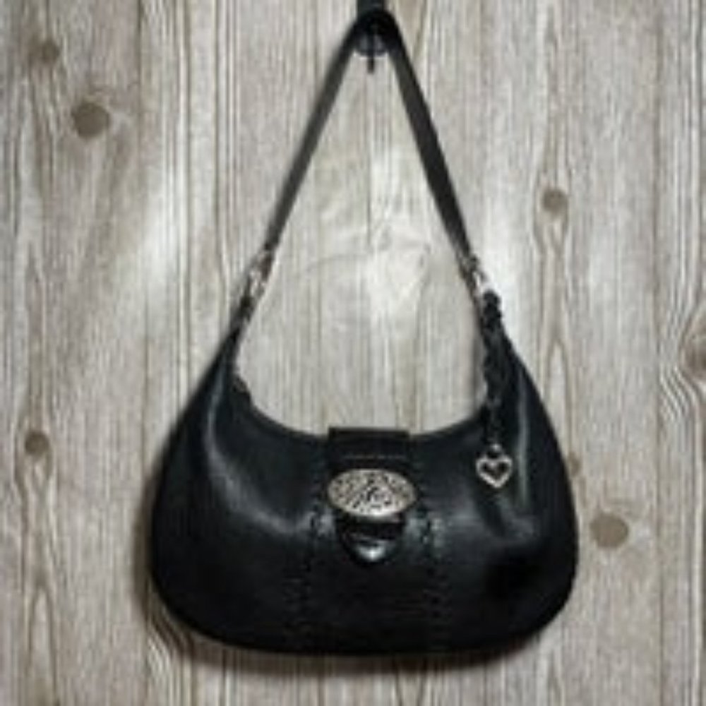 Brighton Black Leather Stich Hobo Bag w Silver Hardware